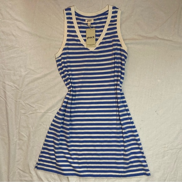 NWT Pact Organic Softspun A-Line Striped Tank Dress Size Medium Blue - Picture 6 of 11